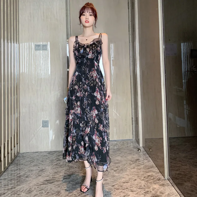 

2020 Sleeveless Print Floral Dress Brand Designer French Style Retro Runway Dress Ladies Black Summer Beach Chiffon Dress Woman