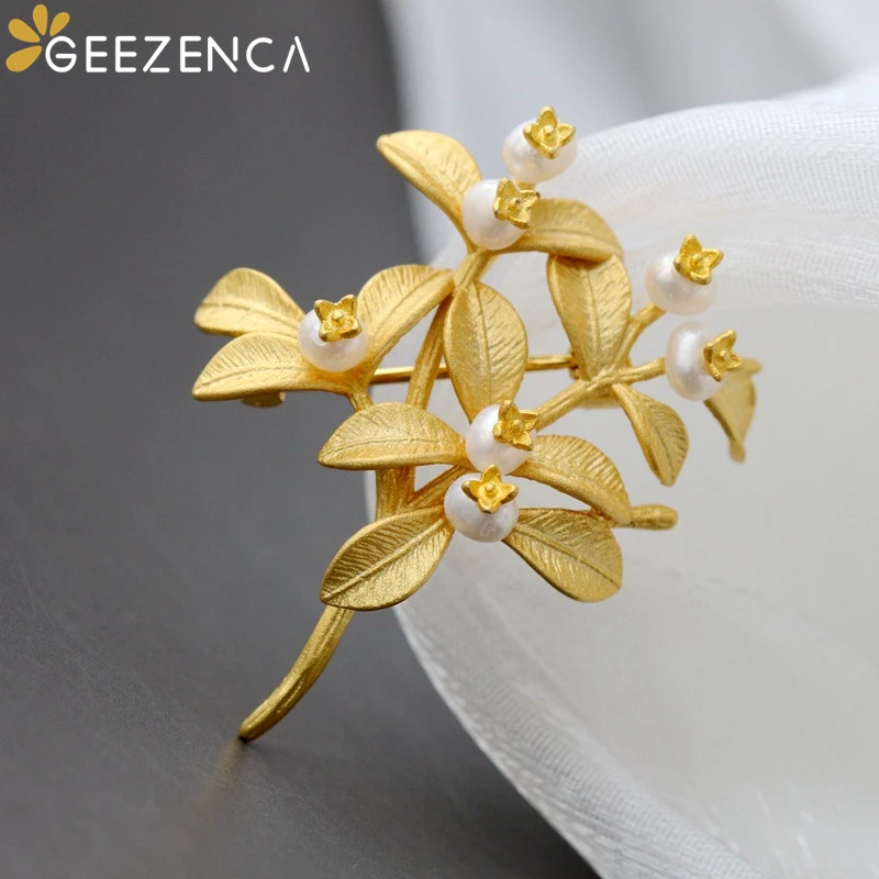 

GEEZENCA S925 Silver Gold Plated Natural Freshwater Pearls Women's Brooch Fine Jewelry Tree Branch Leaf Pin Brooches Trendy Gift