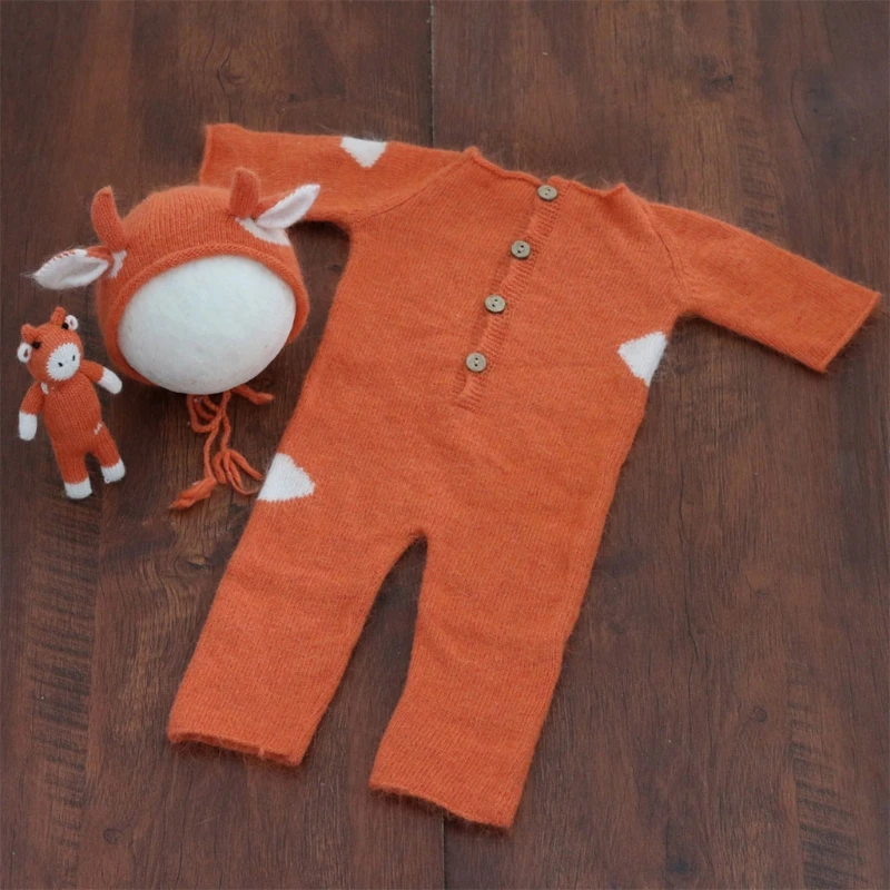 

T5EC 3 Pcs Baby Knitting Cow Hat Animal Doll Romper Set Handmade Crochet Mohair Beanies Bodysuit Newborn Photography Prop