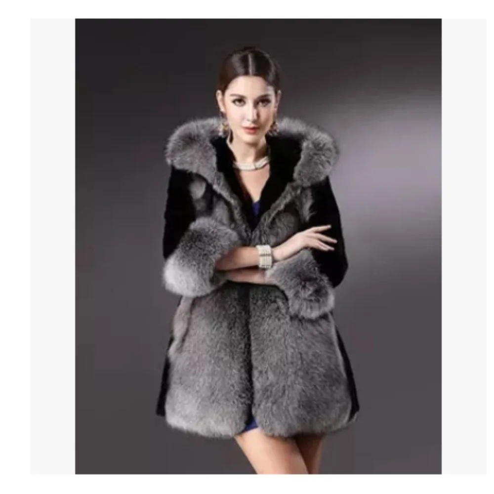 Plus Size Hooded Fur Outerwear Thicken Warm Winter Jackets Female Slim Three Quarter Sleeve Fashion Faux Fox Fur Coat Fashion
