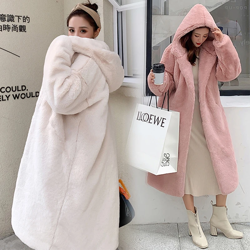 Розовая свободная длинная куртка Cotday с капюшоном элегантная имитация меха норки