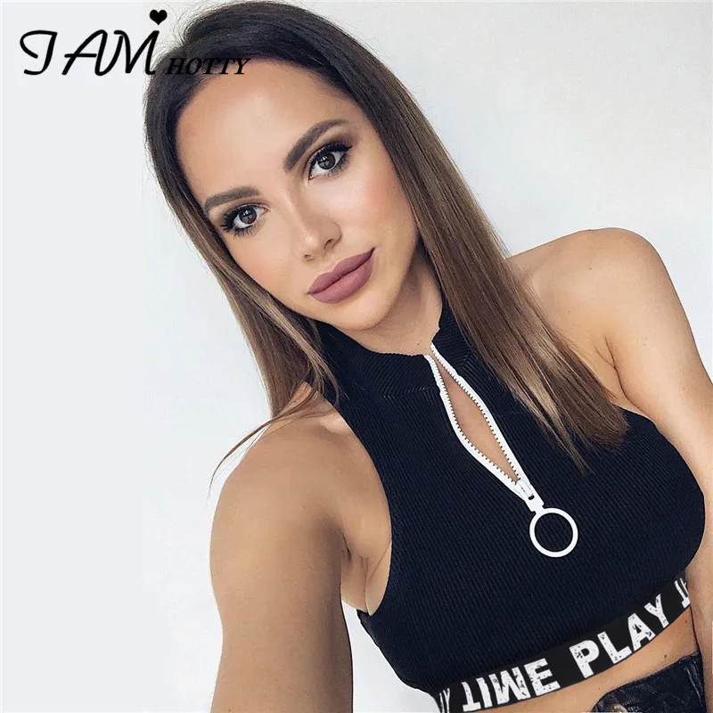 Майка IAMHOTTY женская с надписью черный облегающий топ на молнии пикантный в рубчик