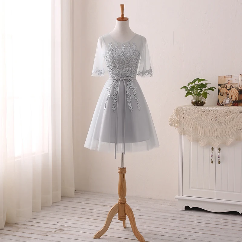 

Women's short evening dress plus size A line O neck lace formal prom event dress grey sexy cocktail wedding party dress