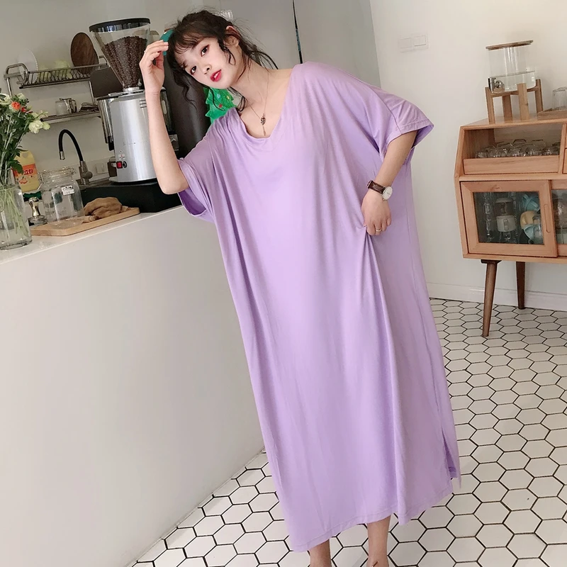

High Quality Nightdress Fat Mm Female Summer Sexy V-neck Modal Dress Long Can Be Worn Outside Home Fashion Purple Hot Sale