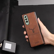 Luxury Retro Genuine Leather Phone Case for Samsung Galaxy Z Fold3 Fold 2 3 5G Vintage Deer Elk Head Grain Armor Back Cover