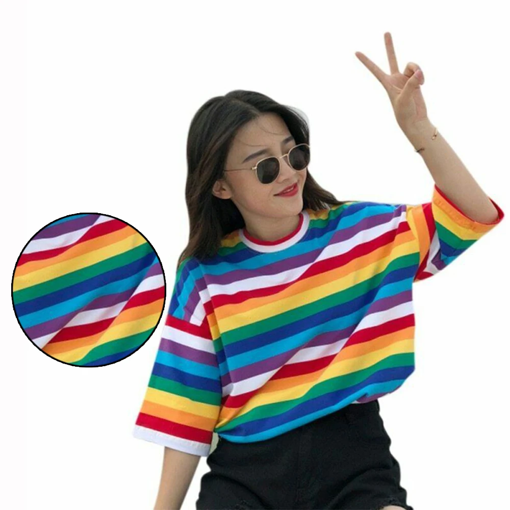 Модные радужные цветные полосатые женские топы с коротким рукавом и круглым