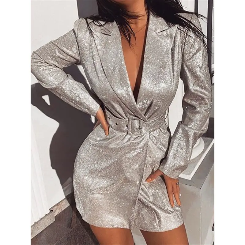 Женское платье-блейзер с блестками длинным рукавом серебряное зубчатое офисное