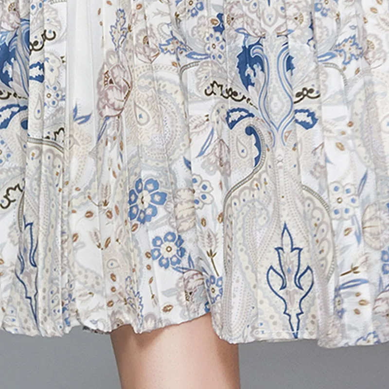 

Autumn Slim Pleated Dress for Woman Turn-down Collar Shirt Skirt Party Vintage Printed White Dress New Female Casual Mid Skirt