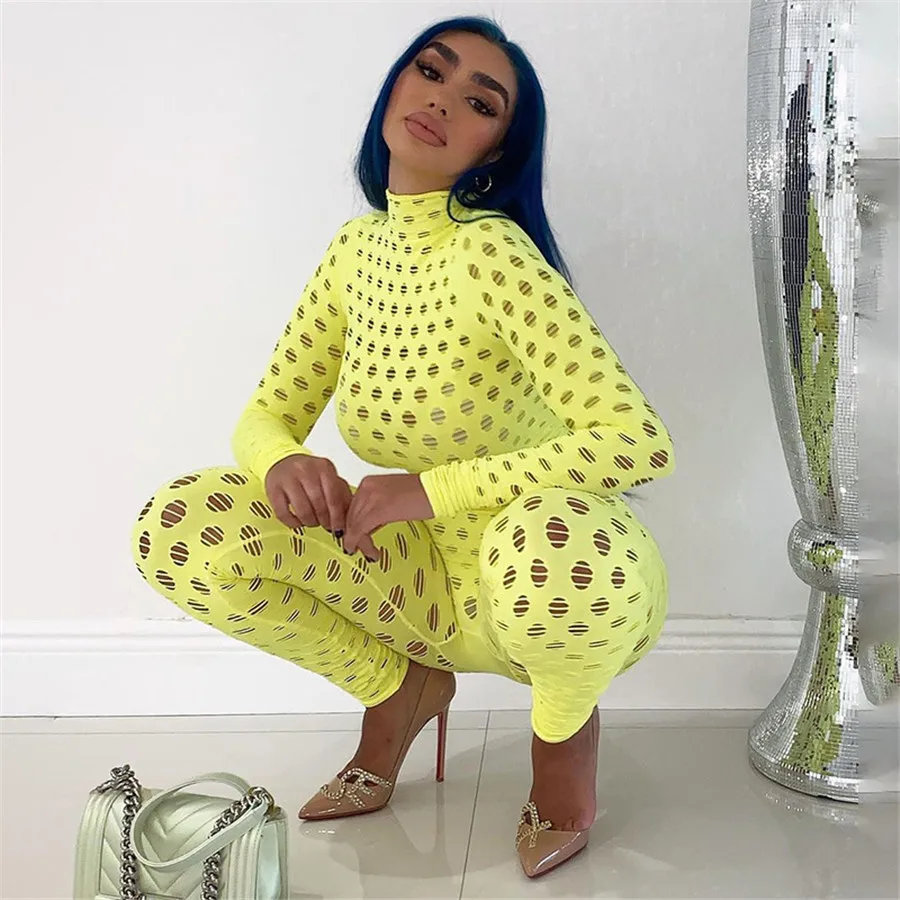 

New Hollow Out Jumpsuits Women 2021 Turtleneck Net Plaid Hole Skinny Elastic Club Streetwear Solid Sxey Rompers Female Outfits