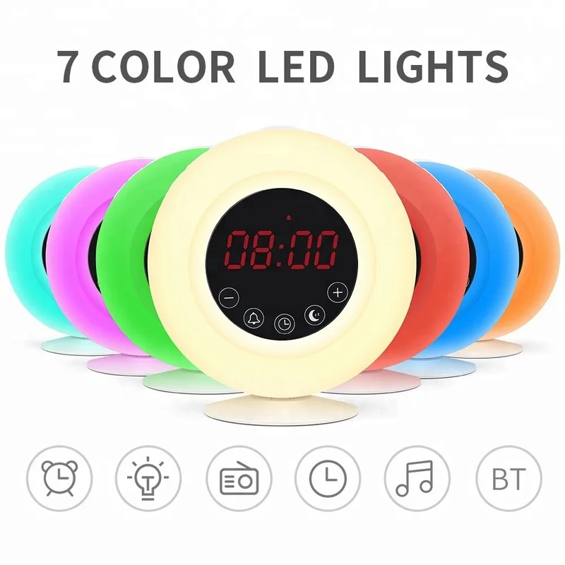 

OCKERED Colorful LED alarm clock bluetooth speaker radio Wake Up Light With USB Wireless Bluetooth Speakers Charging Clock Radio