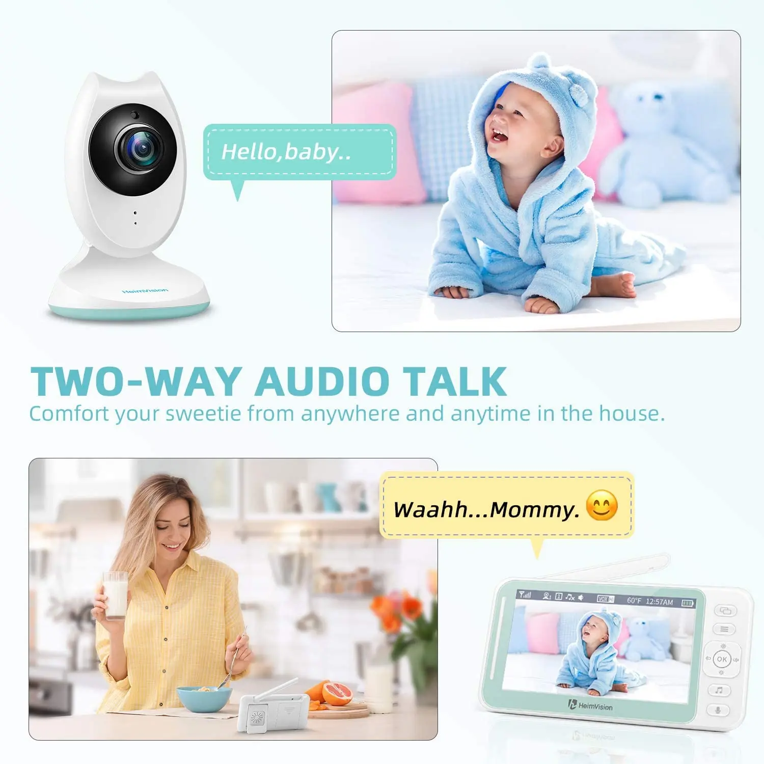 2022 HeimVision HM132 4.3 inch Baby Monitor with Camera Nanny 2-split Screen Night Vision VOX Mode 2 Way Audio Temperature |