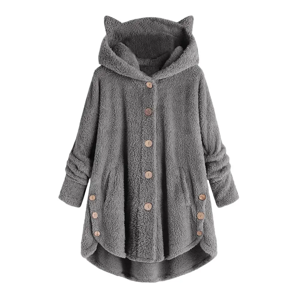 Dark Gray Пушистые толстовки, Женская толстовка, кошачья шапка с капюшоном, Осень-зима, толстое меховое пальто на пуговицах, Свободный пуловер, женская верхняя одежда размера плюс 5XL - Цвет: Dark Gray