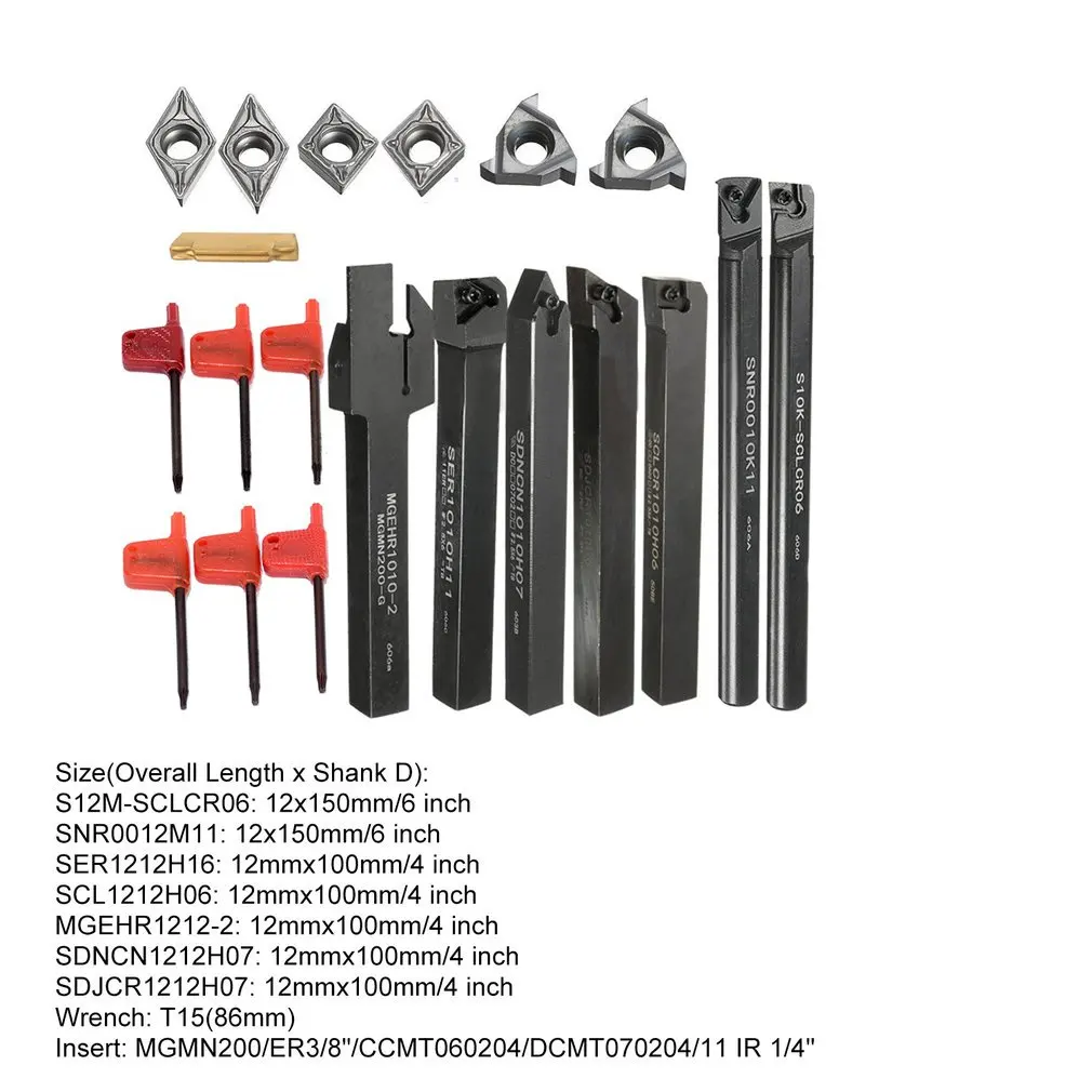

21Pcs/Set 12mm Shank Lathe Turning Tool Holder Boring Bar + Insert Blades + Wrench S12M-SCLCR06/SER1212H16/SCL1212H06