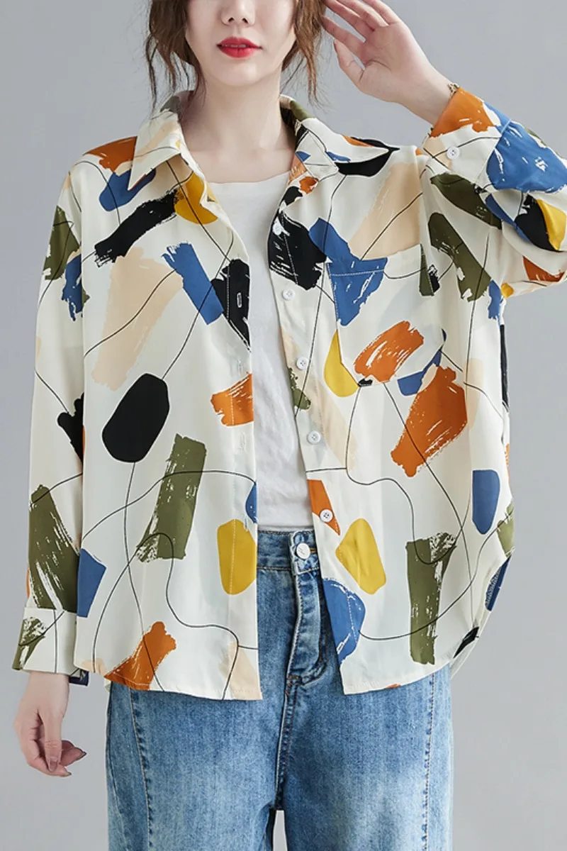 

LZMONE Large Size Foreign Color Contrast Printed Shirt Long Sleeve Blouse 2021 Spring Retro Loose Shirt Fashion