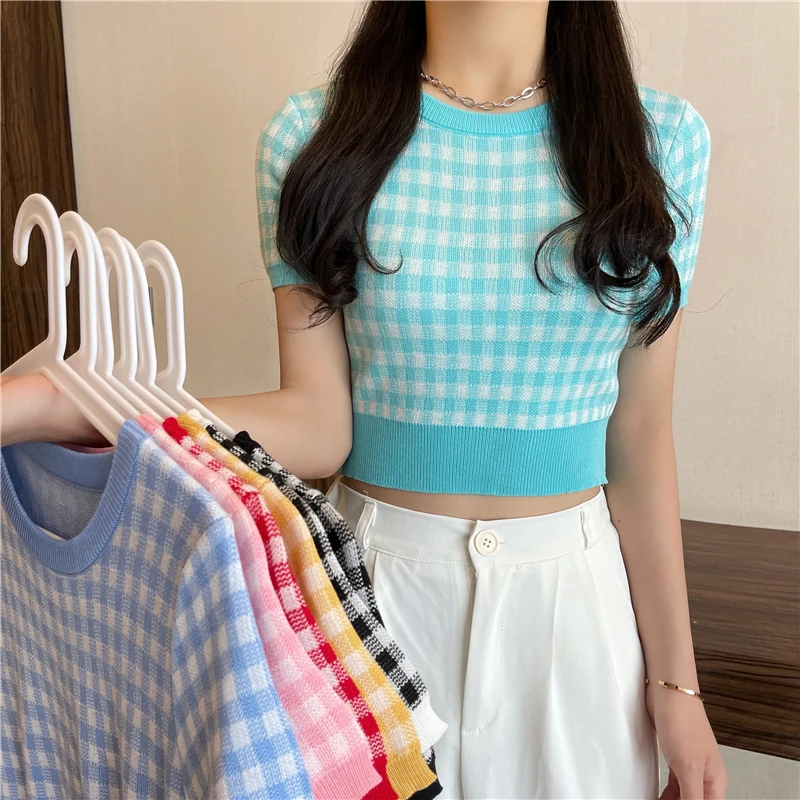 

New Women Plaid Short Sleeve Knit T-Shirts O-Neck Thin Sweet Above Navel TShirt Pullover Crop Top For Female Summer