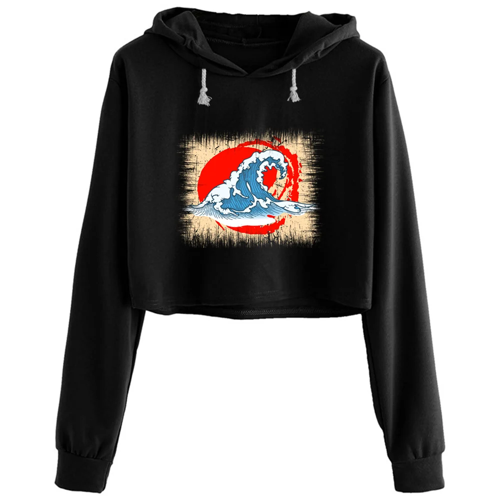 

The Big Wave In Front Of Kanagawa Japan Crop Hoodies Women Anime Emo Aesthetic Kpop Pullover For Girls