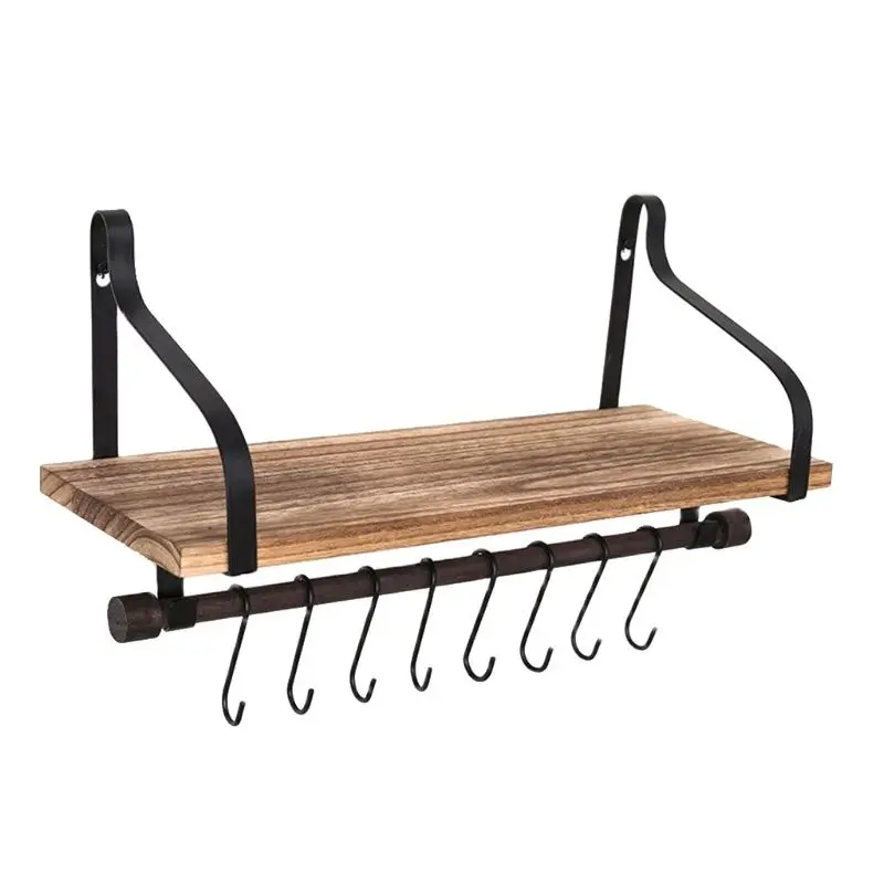 

Wall-Mounted Rustic Wooden Storage Shelf Bathroom And Kitchen Decorative Rack With 8 Removable Hooks And Towel Rail