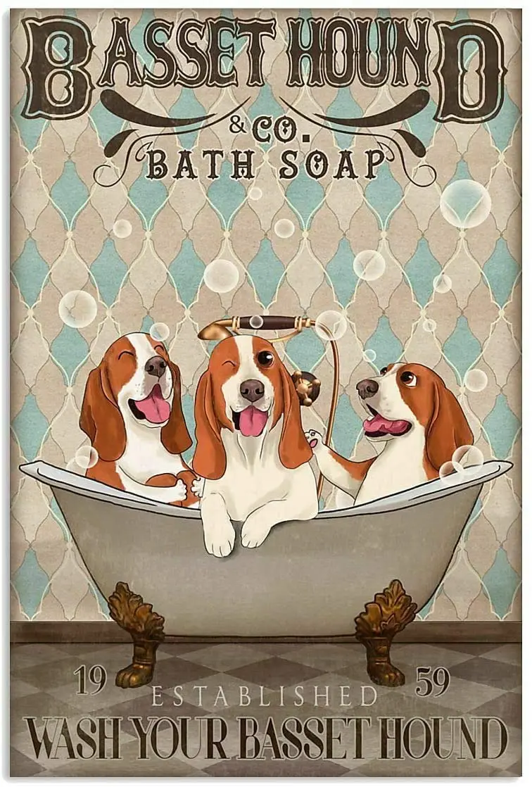 

SIGNCHAT Basset Hound Bath Soap Wash Your Basset Hound Poster Art Print Decor for Home Retro Art Wall Decor Metal Sign Poster