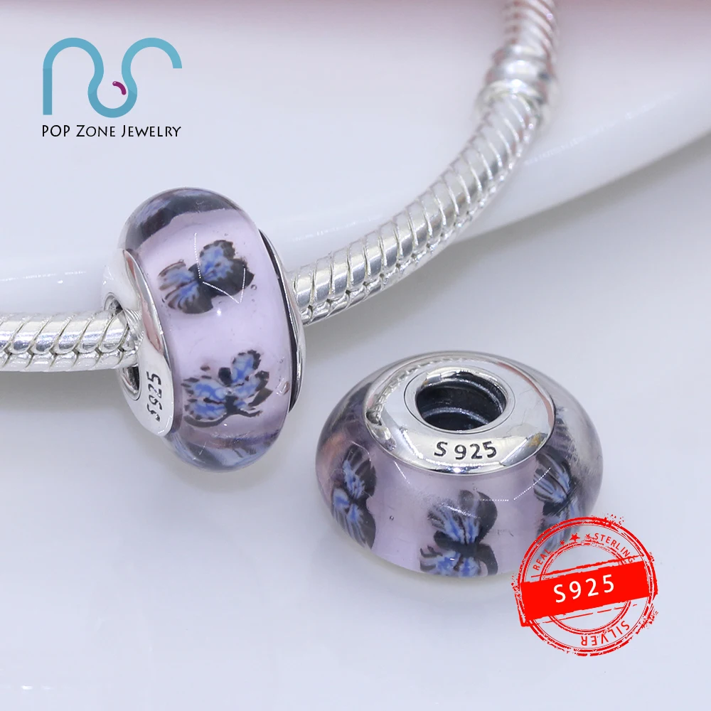 

Fit Original Pandora Charm Bracelets Purple Butterfly Glass Charm 925 Sterling Silver Fine Beads DIY New Jewelry Female Gift