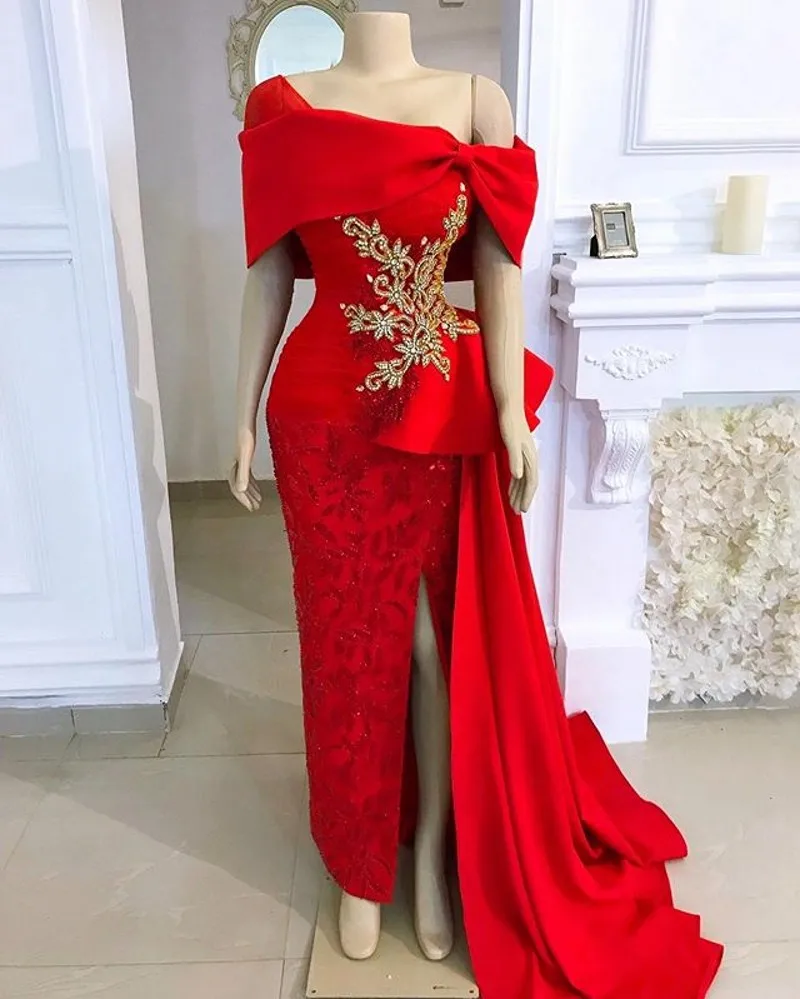 

Red Crystal Beaded Mermaid Evening Dresses Off Shoulder Peplum Long Formal Prom Party Gowns vestidos de fiesta Aso Ebi