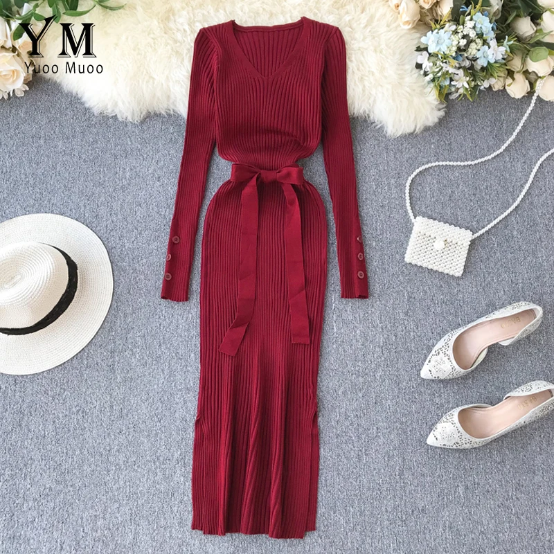 Осеннее Элегантное Длинное вязаное платье YuooMuoo с поясом женское облегающее V