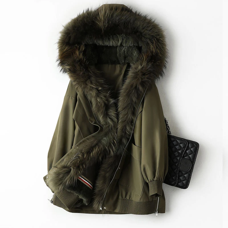 Пальто Pudi женское с натуральным лисьим мехом воротником из енота парка женская