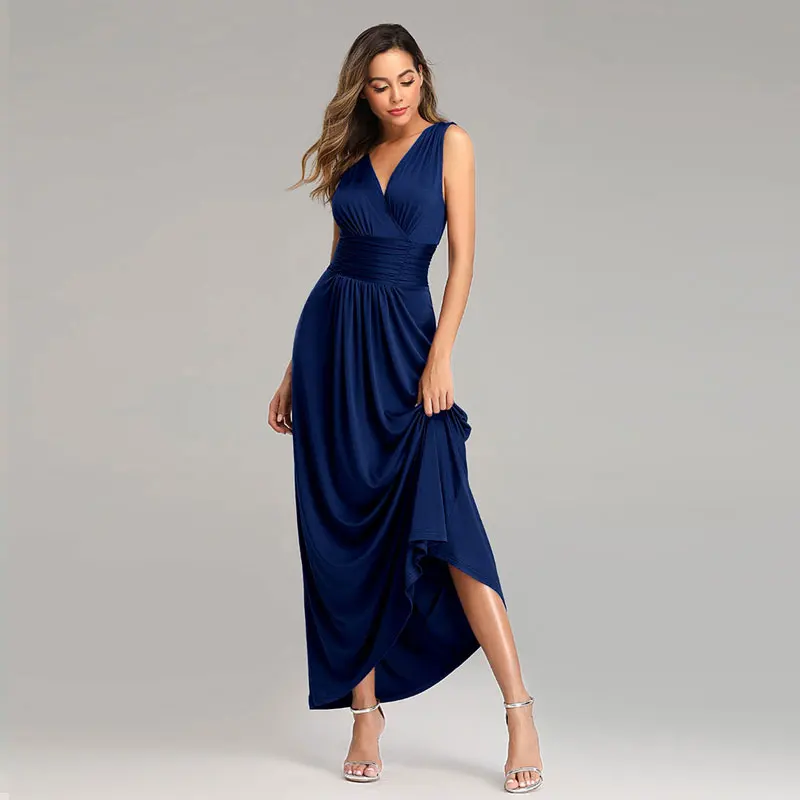 Beauty Emily Flexible V Neck Chiffon Evening Dresses Long Sleeveless Plus Size Open Back Pleated Formal Prom Gowns for Party