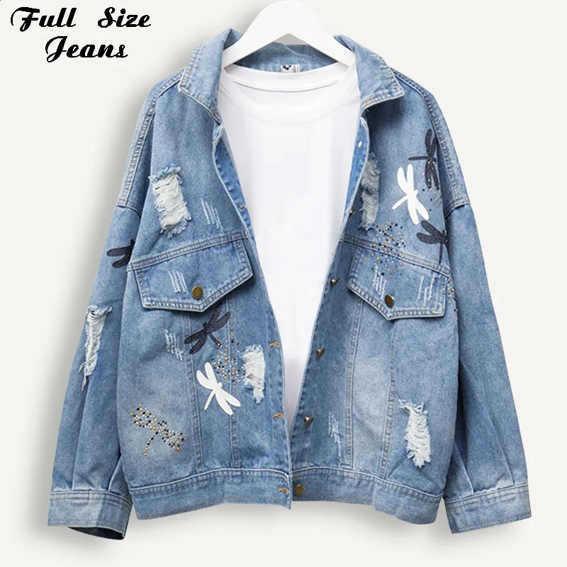 Женская джинсовая куртка бойфренд свободного покроя с вышивкой размеры 3Xl 4Xl 5Xl