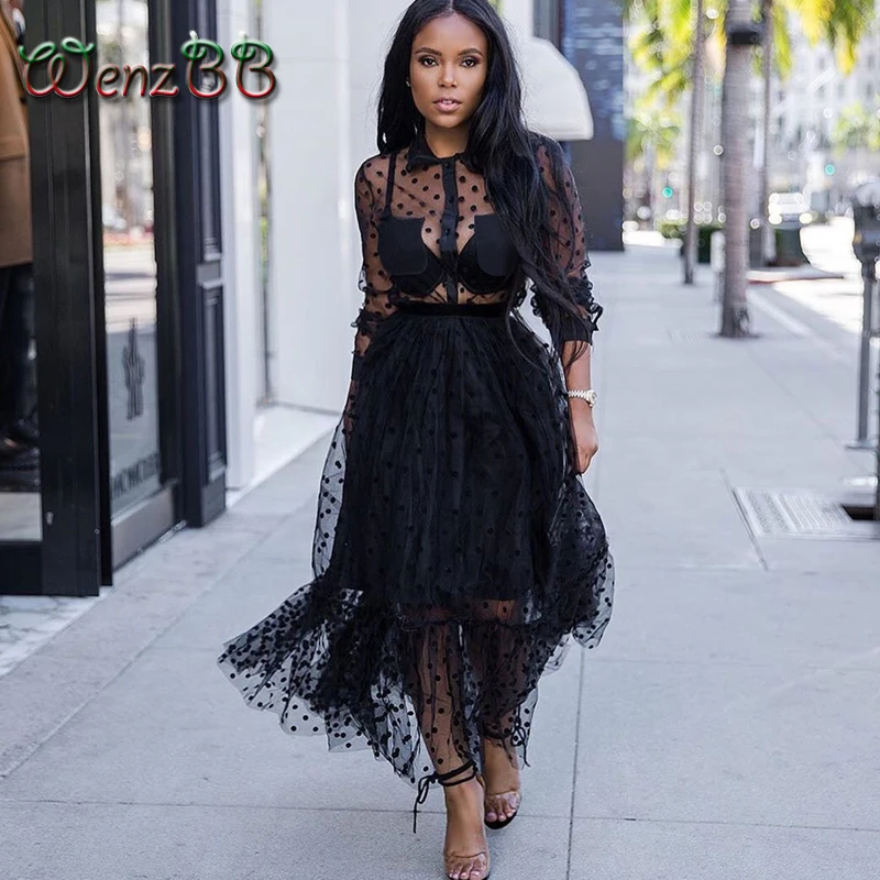 Wenzbb женское прозрачное Макси платье Летнее сексуальное с длинным рукавом карман