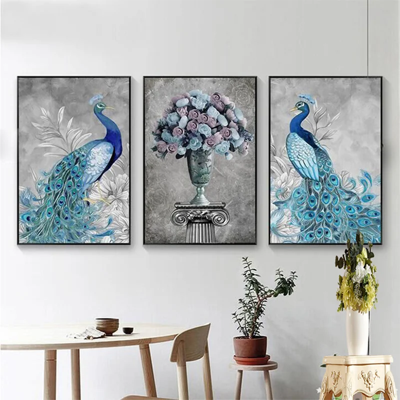 Абстрактный синий павлин скандинавский плакат Картина на холсте настенные