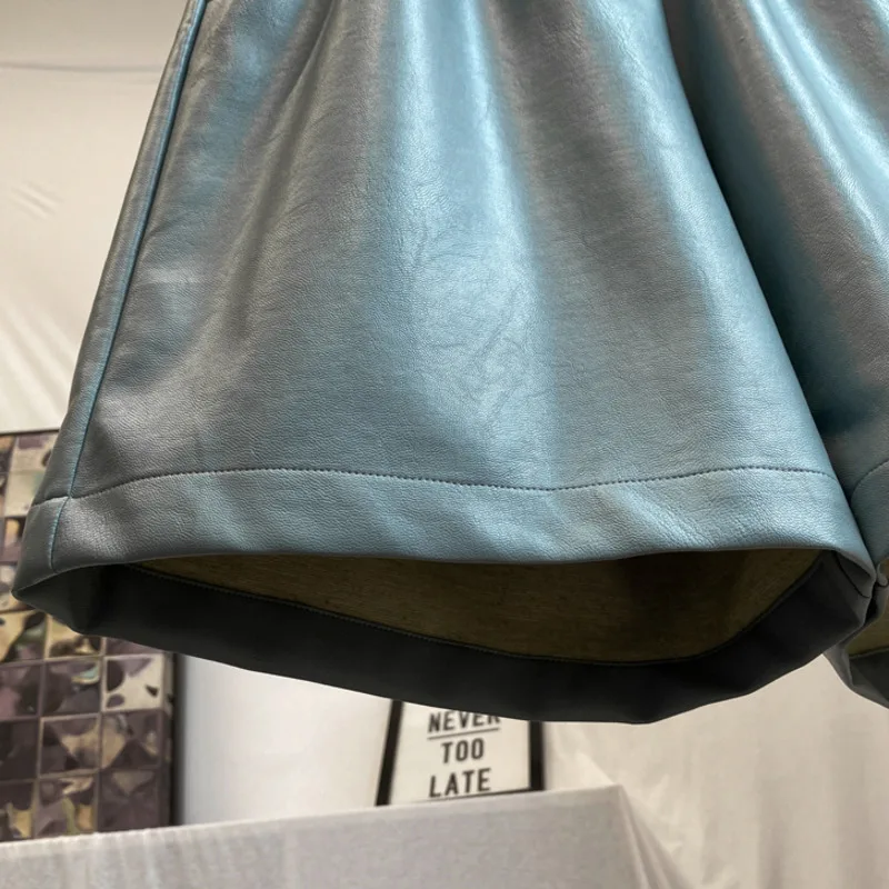 

PU Leather Shorts Woman Solid Elastic Waist Solid Fresh Pockets Causal Style Loose 2021 New Spring Autumn Fashion Z187