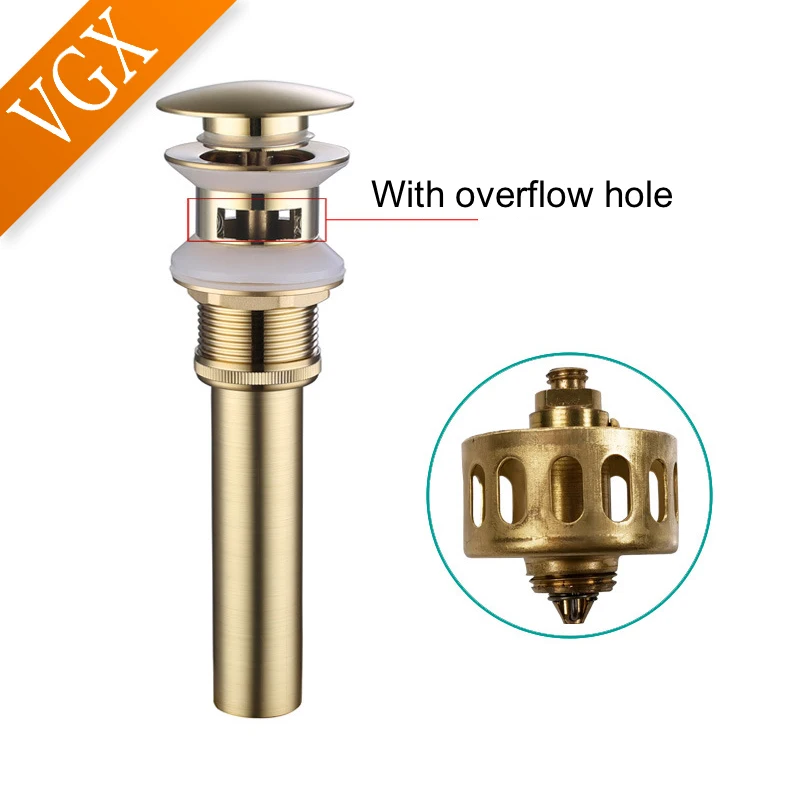

VGX Bathroom Basin Sink Pop Up Button Round Drain Waste Stopper Strainer Hotel Drainer Accessories Brass Brushed Golden D0002