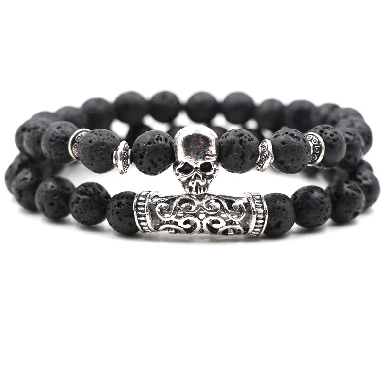 Женский браслет с бусинами из натурального камня черный вулканического головой