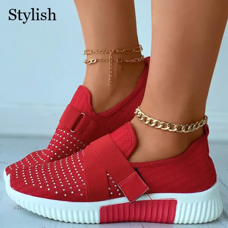 

Tennis Female Sport Shoes Rhinestone Decor Mesh Breathable Women Sneaker Solid Color Non-Slip Fashion Female Flats Mujer Zapatos