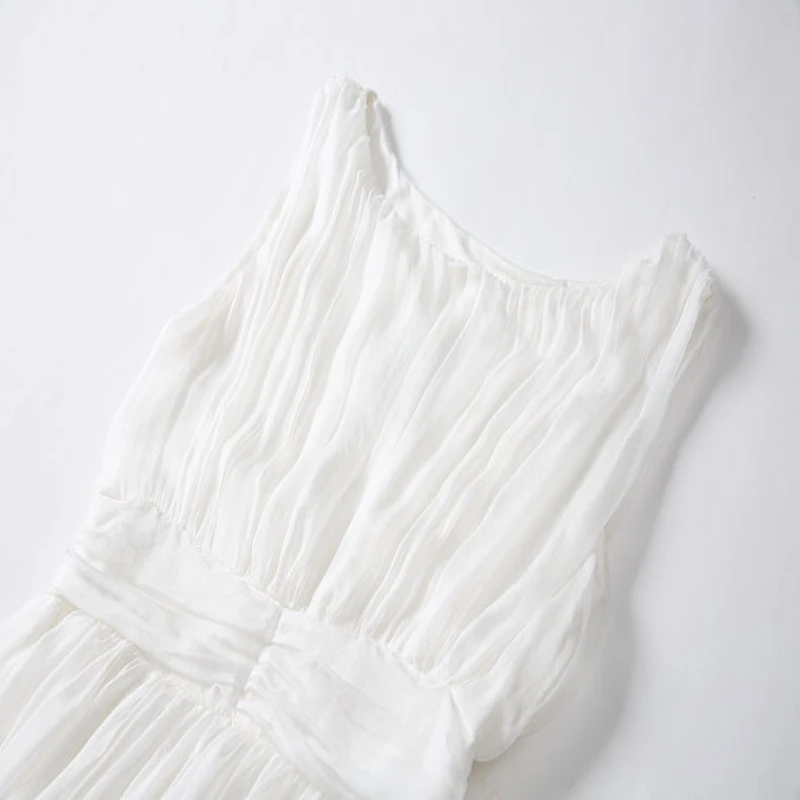 

100% Summer Dress Women Silk Long Dresses Sleeveless White Beach Dresses Maxi Party Dress Slim Vestidos Verano 88002