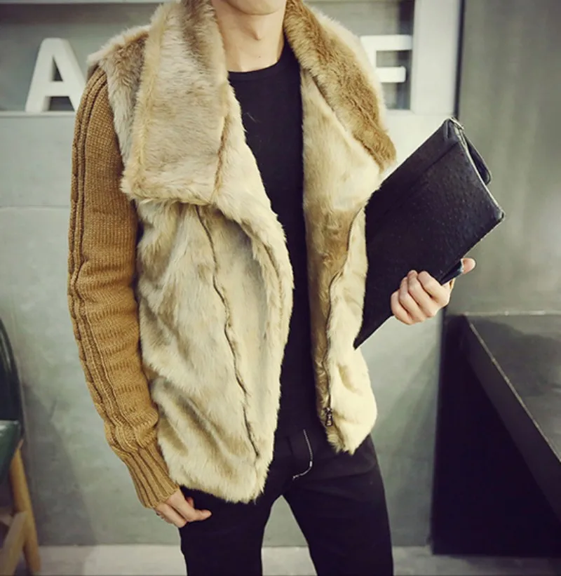 

Autumn Winter Faux Patchwork Knitting Sleeve Mens Casual Coats Fashion Slim Fit Thick Warm Fur Collar Male Short Sweatercoats
