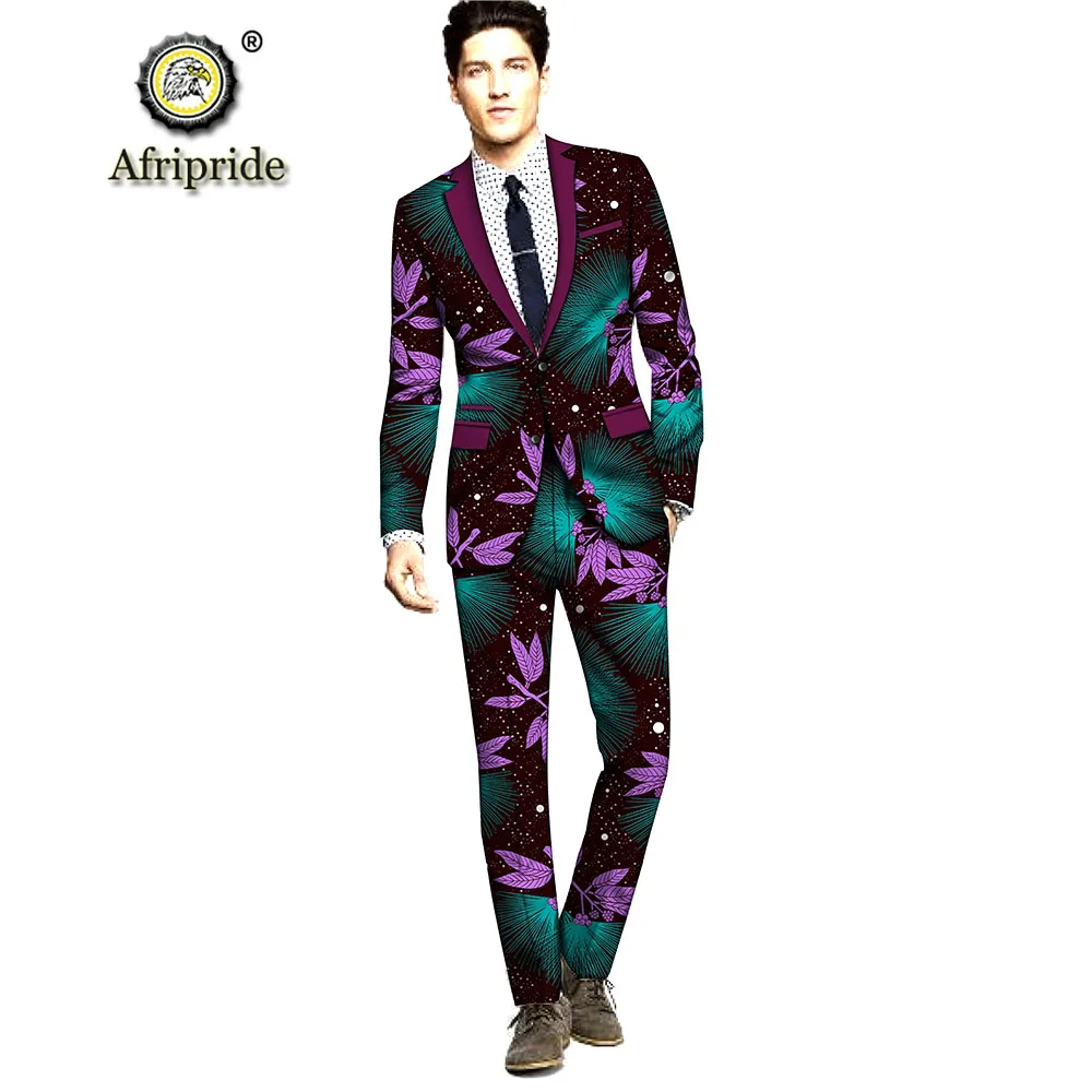 2019 Men`s Suit 2 Piece Classic Fit African Print Jacket Blazer & Pleated Pants Set Dashiki Outfit AFRIPRIDE S1916014