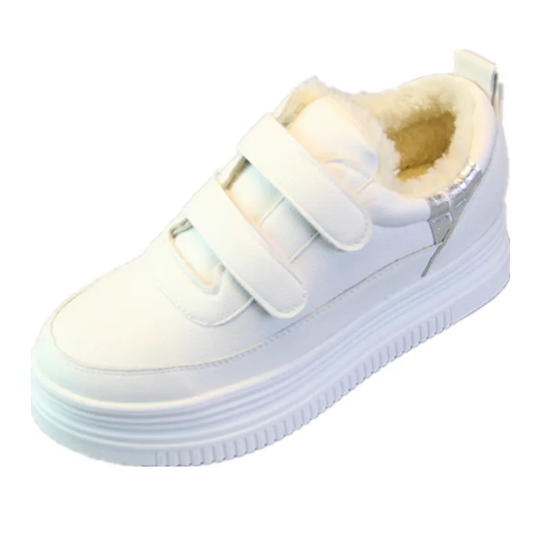 Женские кроссовки на толстой подошве Ulzzang белые липучке удобная теплая обувь с