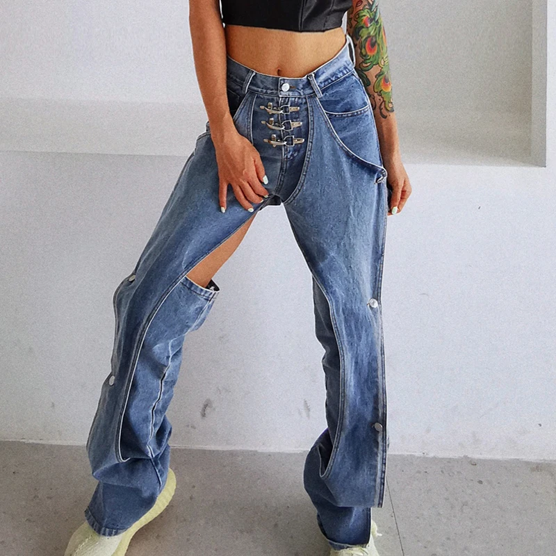 

Hole Jeans 2021 New Street Photo Personality Double Fake Two Piece Stitching Hong Kong Style Metal Button Jeans Pants