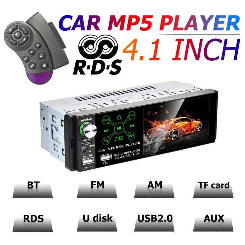 P5131 4.1 inch 1 Din Capacitive Touch Screen Car In-Dash Stereo Audio Bluetooth AM FM RDS Radio Head Unit MP5 Multimedia Player |