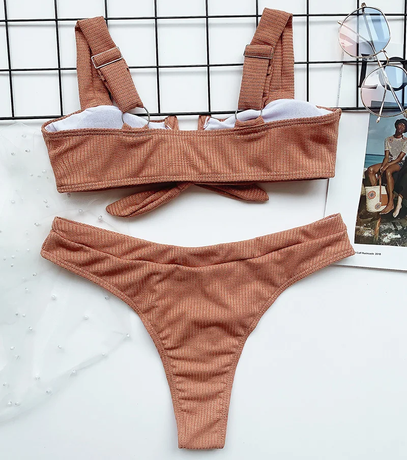 Sexy 2020 V-Bar Knotted High Waist Bikini Female Swimsuit Women Swimwear Two-pieces set Ribbed Bather Bathing Suit Swim | Женская одежда