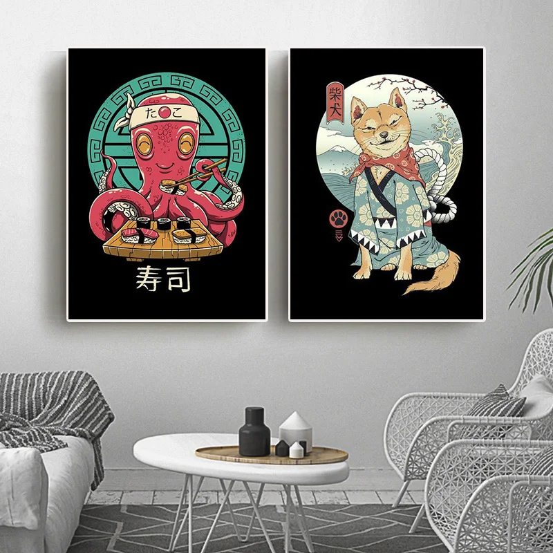

Anime Japanese Samurai Cat Wall Art Neko Ramen Nostalgia Wave Canvas Painting Cartoon Animal Posters and Prints Home Decor