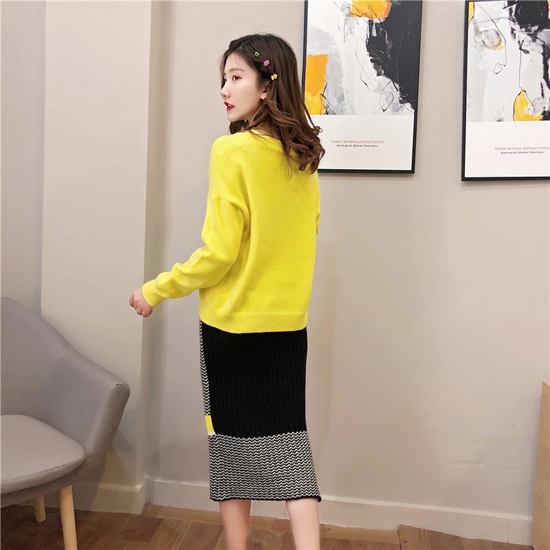 2019 женский костюм из двух предметов Женский пуловер и юбка повседневный