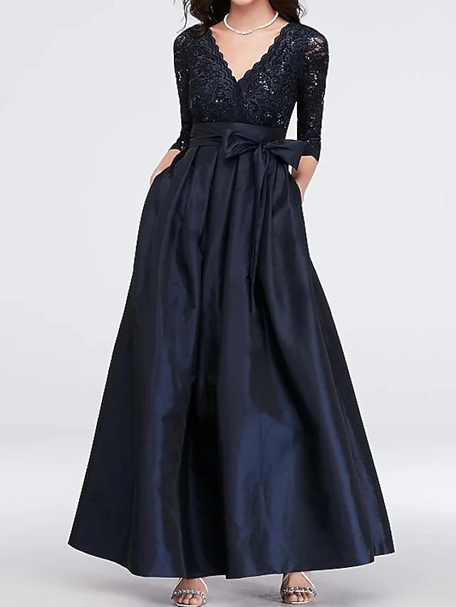 

Современное темно-синее вечернее платье с поясом 2021 с V-образным вырезом длиной до пола кружевное атласное вечернее платье для выпускного в...