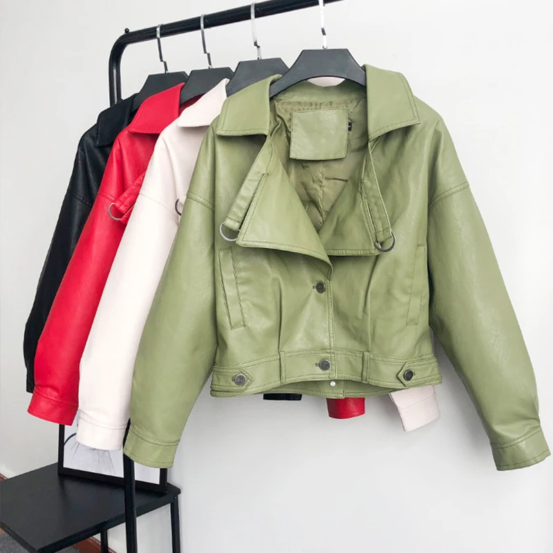 

ZCWXM Leather Pu Batwing Sleeve Vintage Leather Jacket Loose Street 2020 Casual Outwear Ladies Biker Leather Coat Multicolor