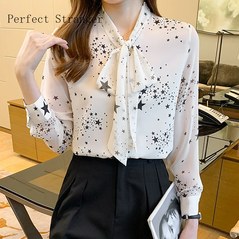 

Шифоновая Блузка с длинным рукавом, Офисная рубашка с принтом, блузка, Женский однобортный Топ с бантом на воротнике, рубашки 2XL