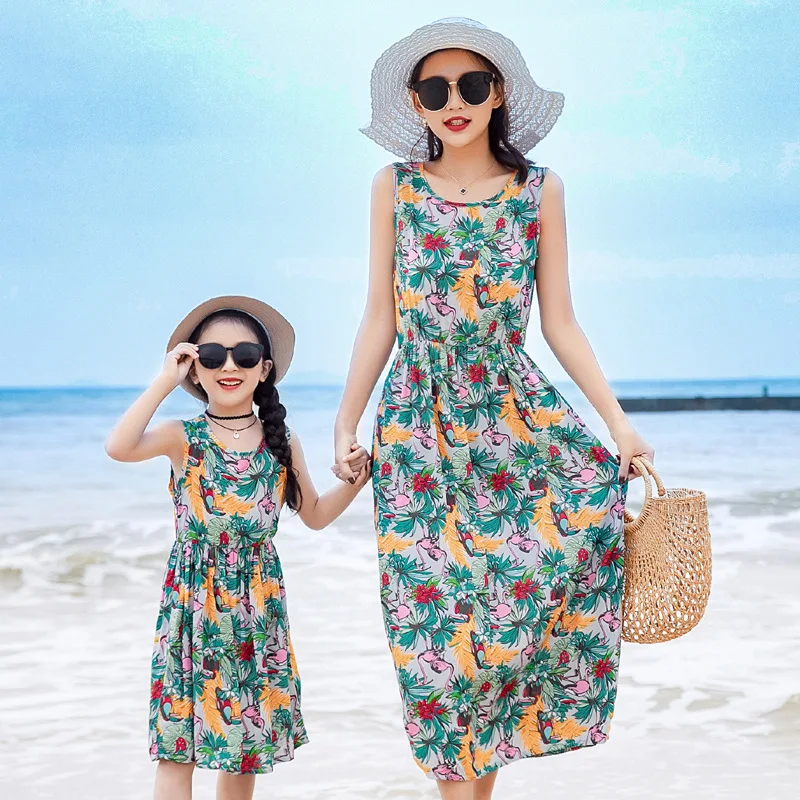 

Parent-Child Beach Skirt Summer Korean Version Of The Big Children's Cotton Silk Dress Girls Vest Skirt Top Children's Beachwear