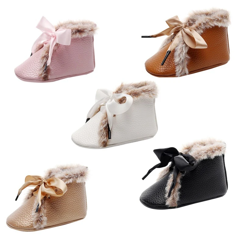 

Baby Girl First Walkers Baby PU Sneakers Anti-slip With Bownot tie Velvet Winter Warm Infant Crib Shoes Toddler Shoes Fashion