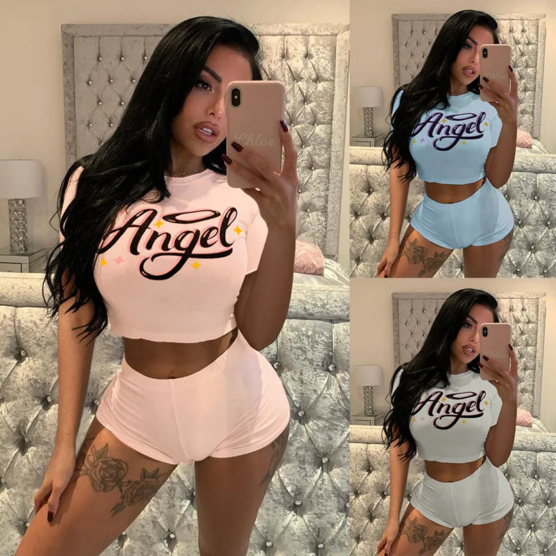 

Summer Two-piece Clothes Set Women Short Sleeve Round Collar Crop Tops and Shorts Sets Clothing Tracksuit Outfit Suit Female New