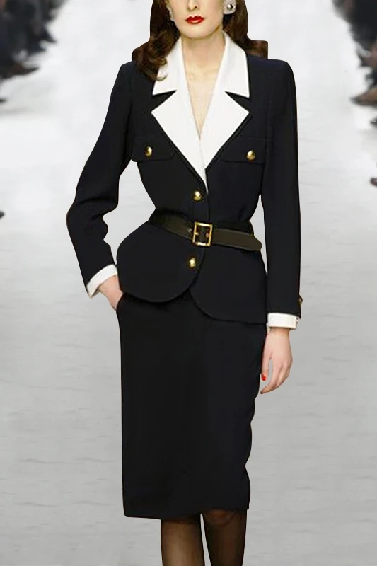 

ol two piece suit with black and white contrast lapel and long sleeve slim top